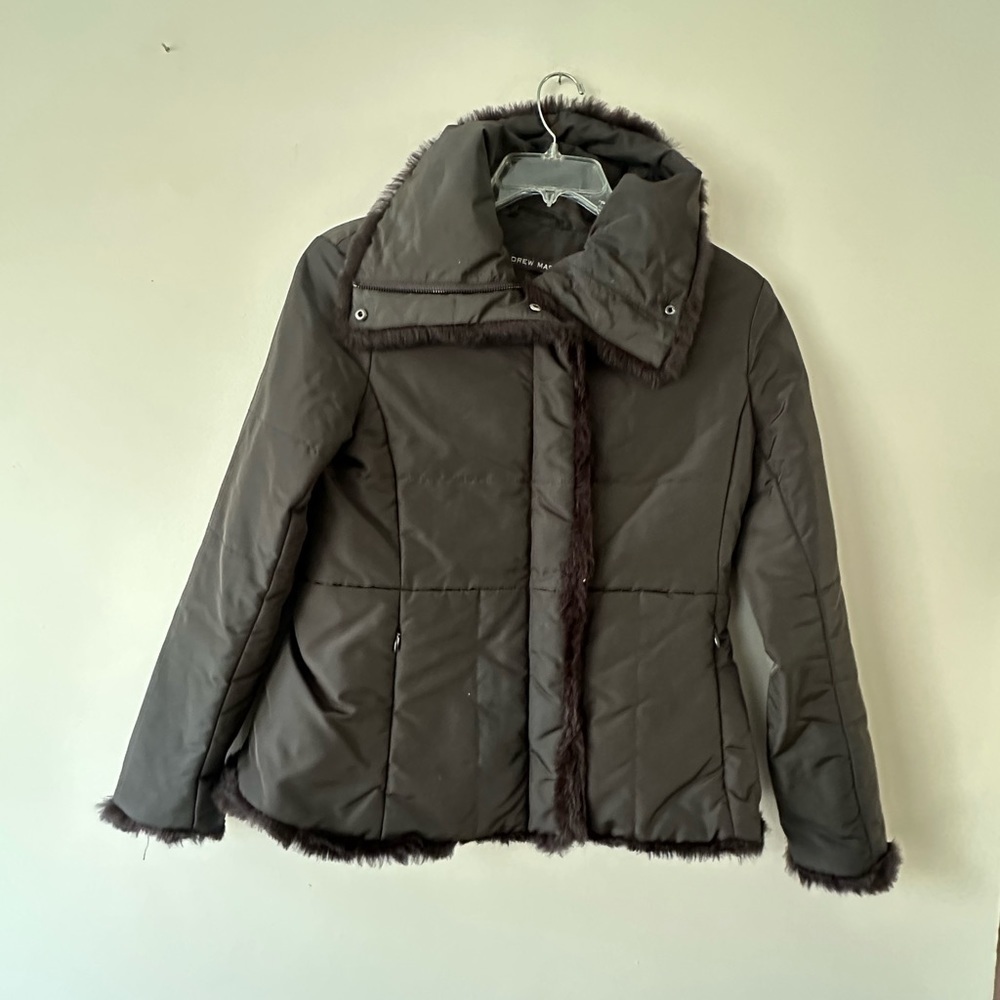 Andrew Marc Chocolate Brown Winter Jacket Oversized Collar Full Zip Faux Fur SzM